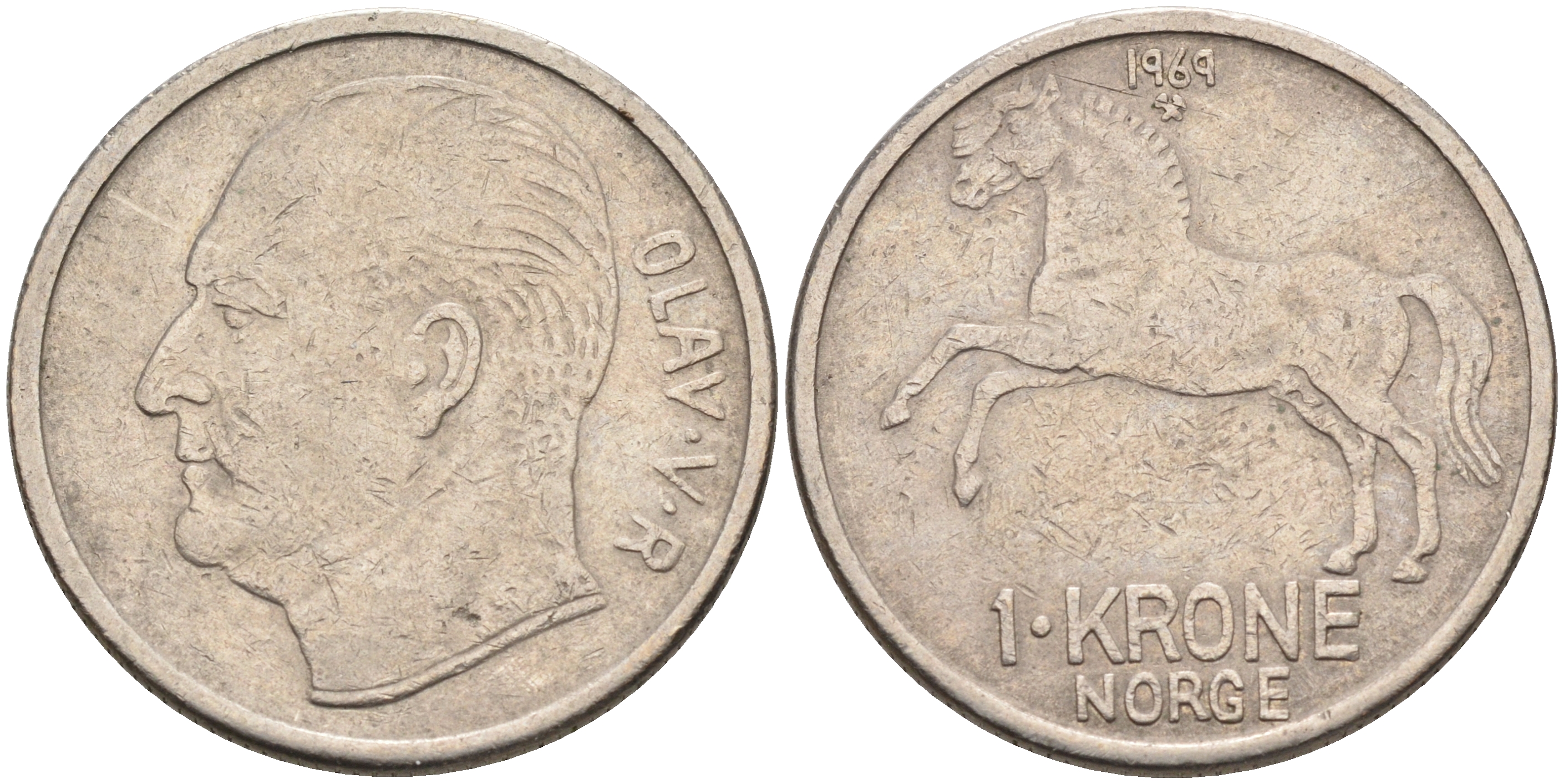 НОРВЕГИЯ 1 КРОНА 1969 ЛОШАДЬ KM 409 медно-никель 4589-447