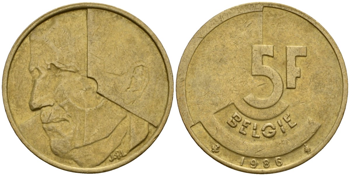 Бельгия 5 франков 1986 Belgie, Бодуэн I (1951-1993) KM 164 алюминиевая бронза 4601-231