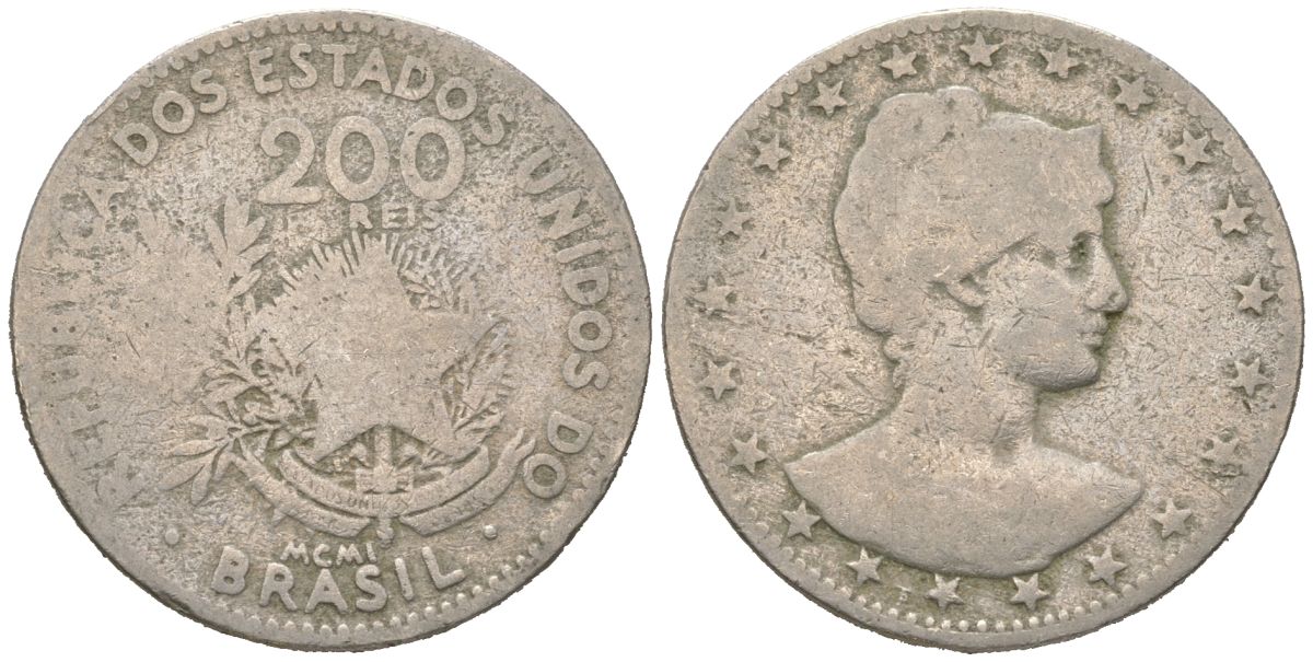Бразилия 200 реалов 1901 MCMI, голова свободы вправо KM 504 медно-никель 4612-131