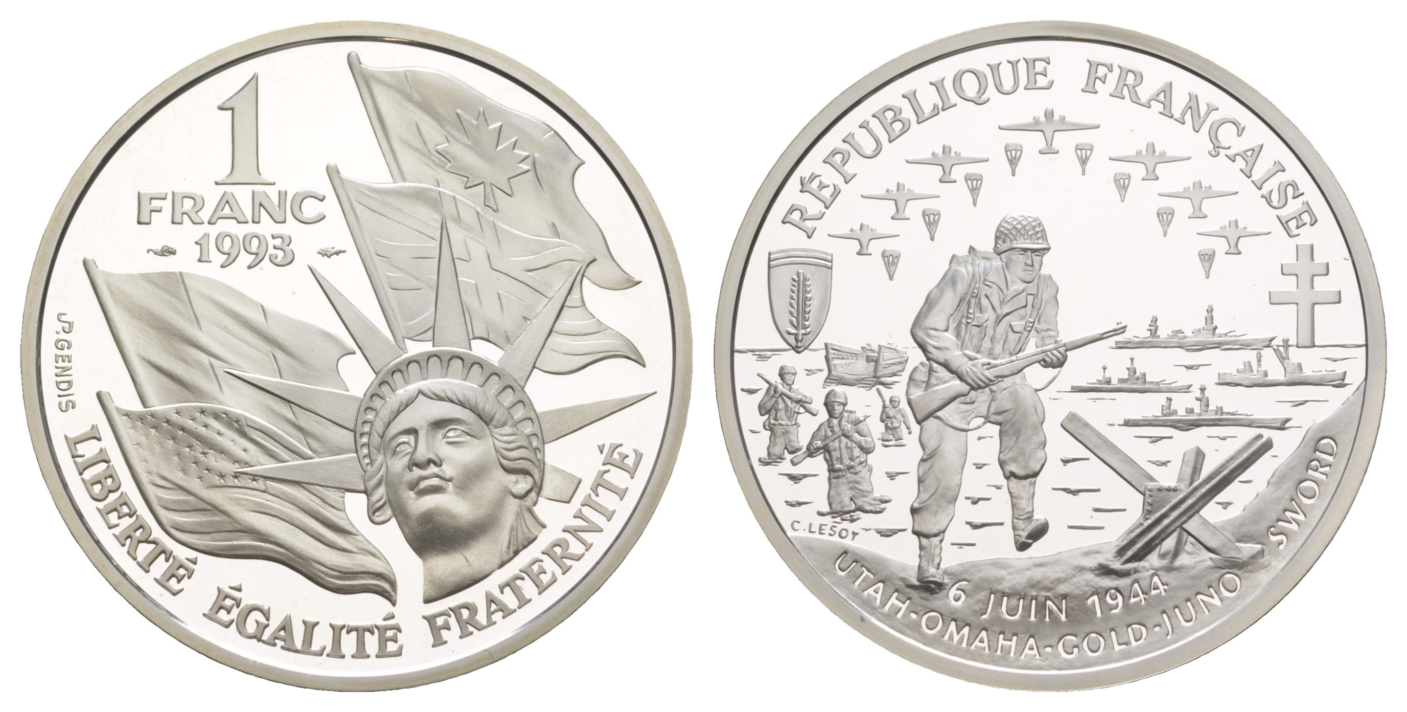 Франция 1 франк 1993 D-DAY, высадка в Нормандии, в оригинальной коробке, сертификат KM 1014 серебро  PROOF  1-6-4-27