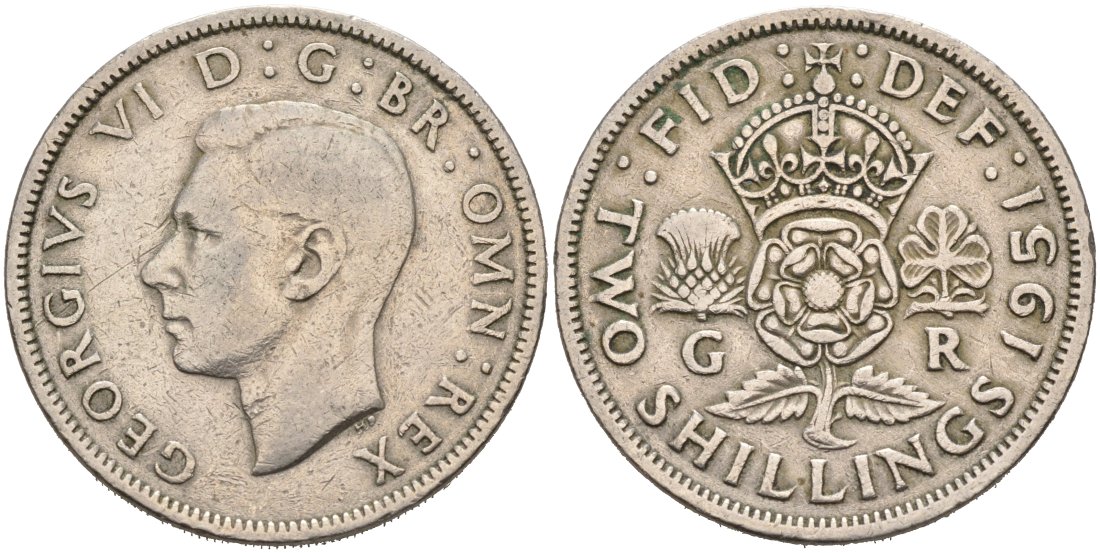 Великобритания 2 шиллинга (флорин) 1951 Георг VI (1936-1952) KM 878, Spink 4107 медно-никель 4572-1014