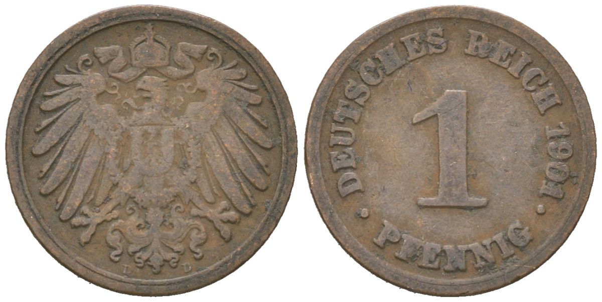 Германия 1 пфенниг 1901 D, Вильгельм II (1888-1918) KM 10, J. 10 медь 4615-714