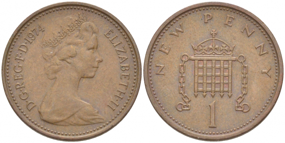 Великобритания 1 пенни 1974 Елизавета II (1952-2022) KM 915, Spink 4237 (B1) бронза 3851-1164