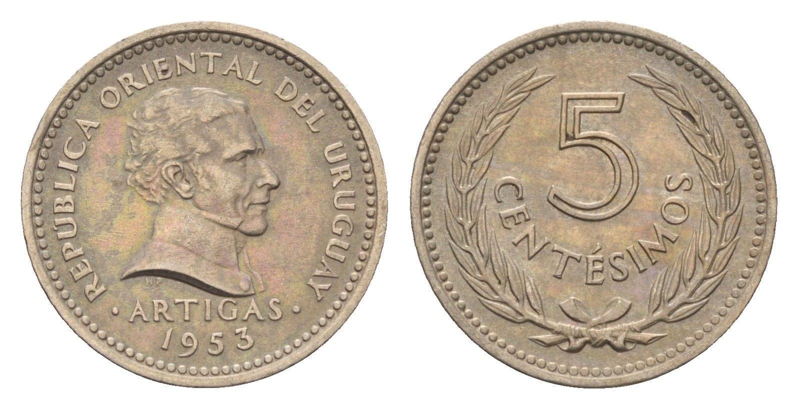 Уругвай 5 сентесимо 1953 год-тип KM 34 медно-никель 4668-1041