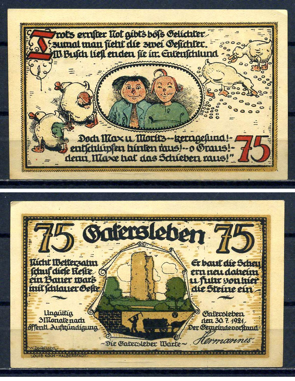 Гатерслебен (Пруссия, Саксония) 75 пфеннигов 1921 P?GrM:0409.1-6/6 бумага UNC (пресс) 7556-14-4-2