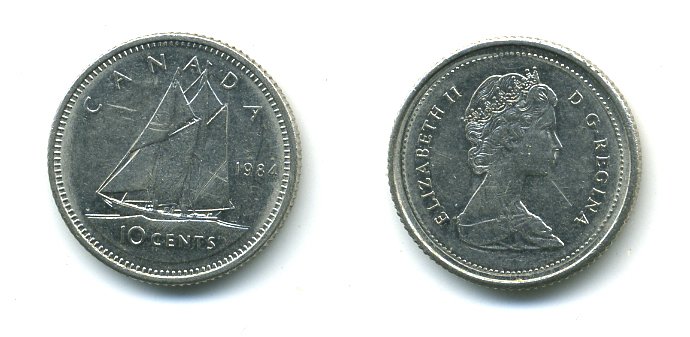 КАНАДА 10 ЦЕНТОВ 1984 ПАРУСНИК KM 77.2 никель 4364-731