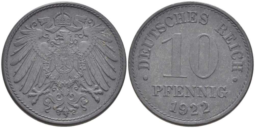ГЕРМАНИЯ 10 ПФЕННИНГОВ 1922 KM 26, J.299, Weege 8 цинк 202-221