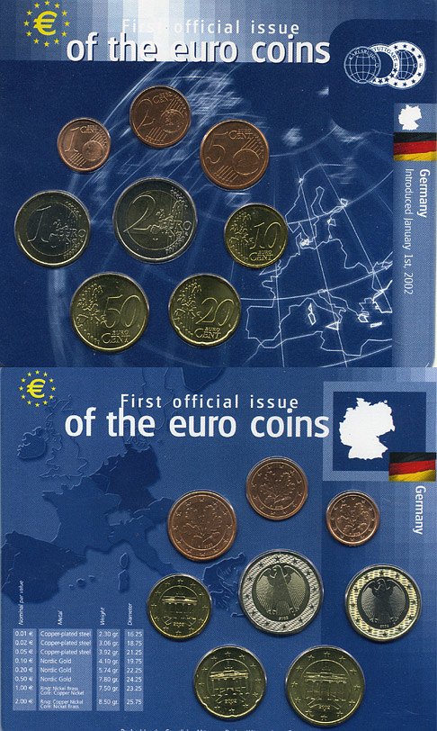 ФРГ евронабор из 8 монет 2002 1, 2, 5, 10, 20, 50 евроцентов, 1, 2 евро биметалл UNC 7-5-2-6