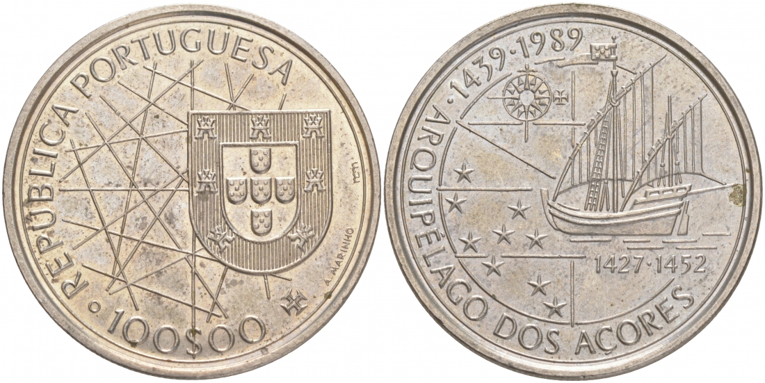 Португалия 100 эскудо 1989 серия золотой век португальских открытий, 550 лет открытия Азорских островов KM 648 медно-никель UNC M31-20