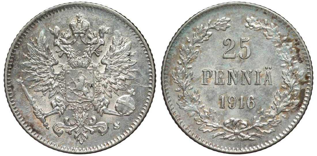 Россия для Финляндии 25 пенни 1916 S, Николай II (1894-1917) KM 6.2, Биткин 421 серебро 75-1329