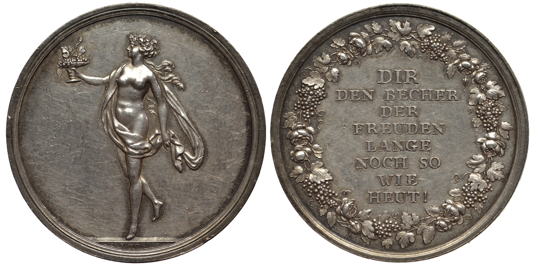 Германия медаль ок 1800 на счастье, 'Желаем тебе долго пить из кубка удовольствий, как сегодня', диаметр 36 мм., вес 12,78 г., Sommer B21 серебро 00-808-57
