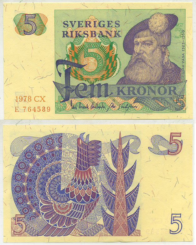 Швеция 5 крон 1978 CX, Густав I Ваза Pick 51d бумага aUNC 444-129-1-1