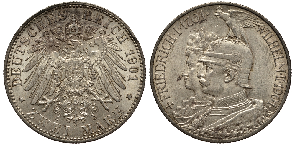 Пруссия 2 марки 1901 A, 200 лет Прусской королевской династии (Фридрих I - Вильгельм II) J.105, Weege 105, KM 525 серебро 1519-325