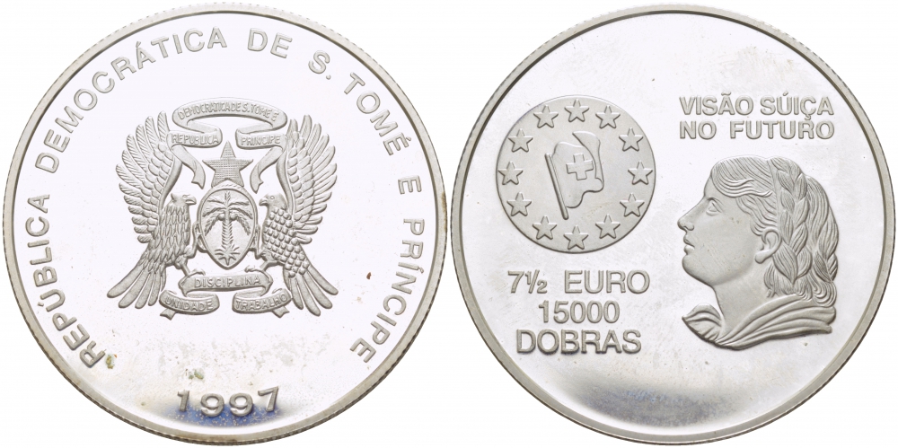 Сан-Томе и Принсипи 15000 добра 1997 голова женщины влево, Швейцарский флаг KM 101 серебро PROOF 1085-9-42