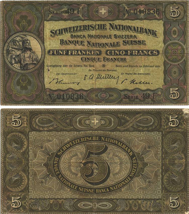 Швейцария 5 франков 1951 22 февраля 1951, серия 49 F Pick 11 o бумага 8606-11-1-1