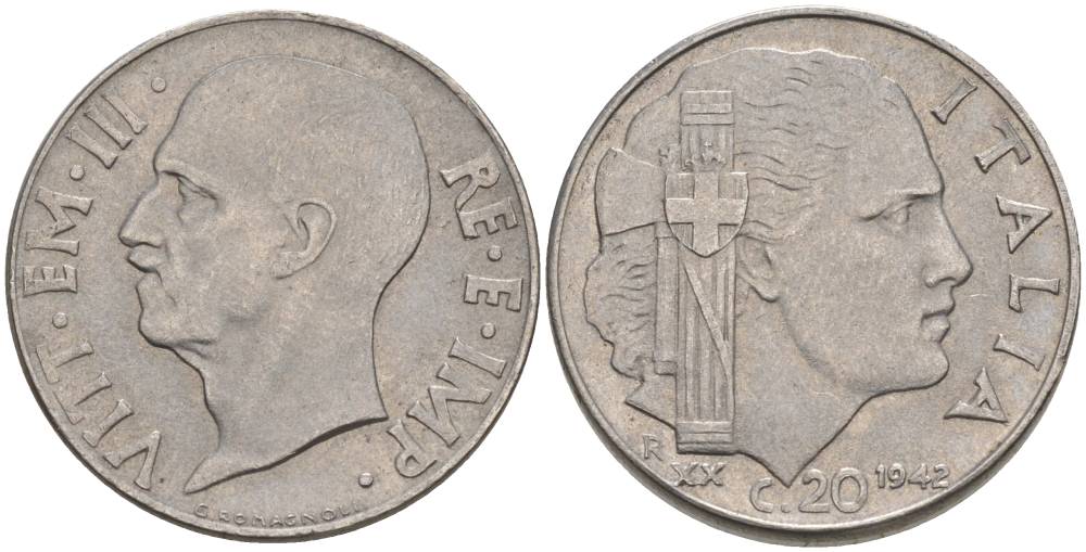 ИТАЛИЯ 20 ЧЕНТЕЗИМО 1942 R, ГОД XX, ВИКТОР ЭММАНУИЛ III (1900-1946), МАГНИТНАЯ, ГУРТ РИФЛЁНЫЙ KM 75b, VEM3. 1029 нержавеющая сталь 3853-444