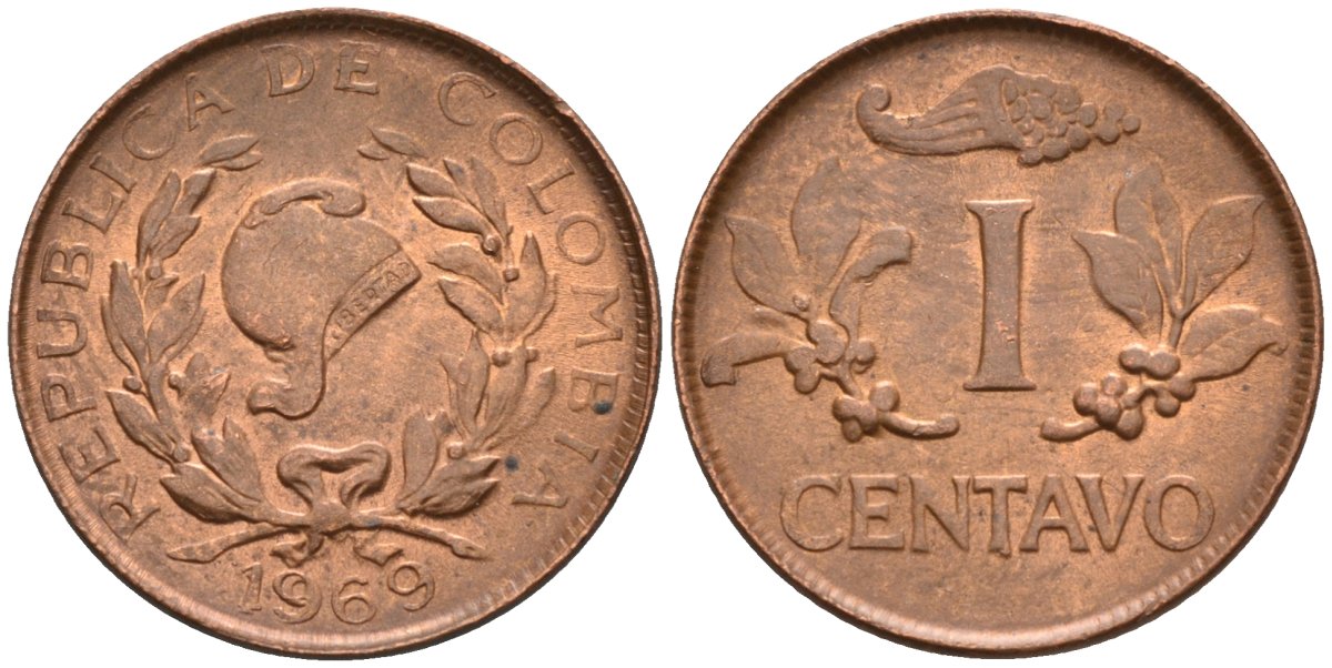 Колумбия 1 сентаво 1969 KM 205а сталь плакированная медью 4549-1255