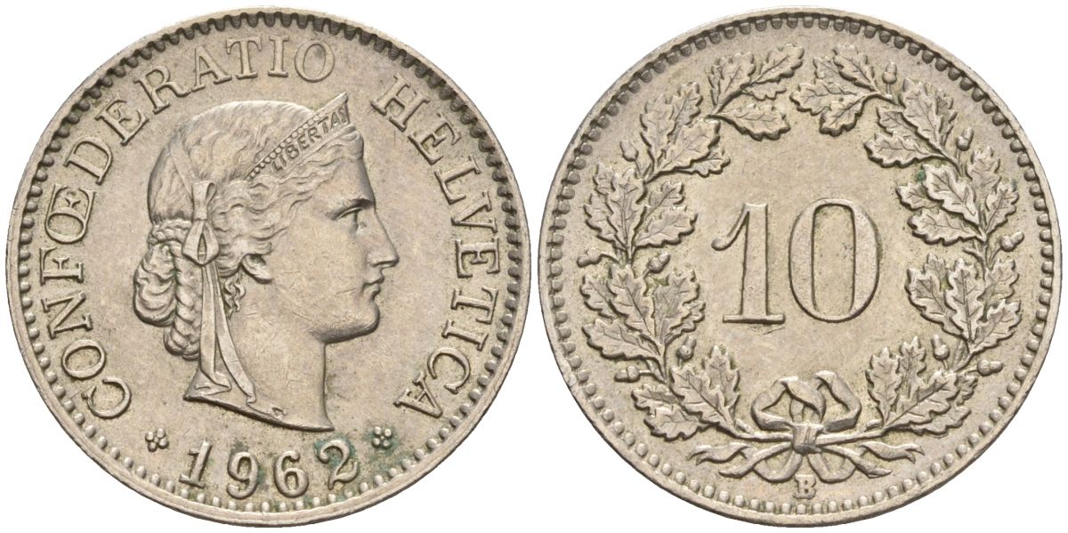 Швейцария 10 раппенов 1962 B KM 27 медно-никель 4608-511