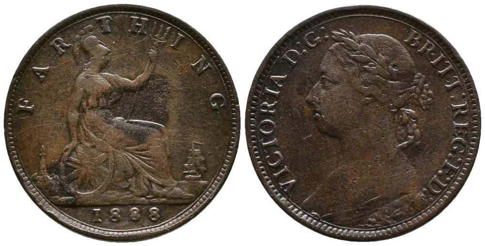 Великобритания 1 фартинг 1888 Виктория (1837-1901) KM 753, Spink 3958 бронза 1518-514