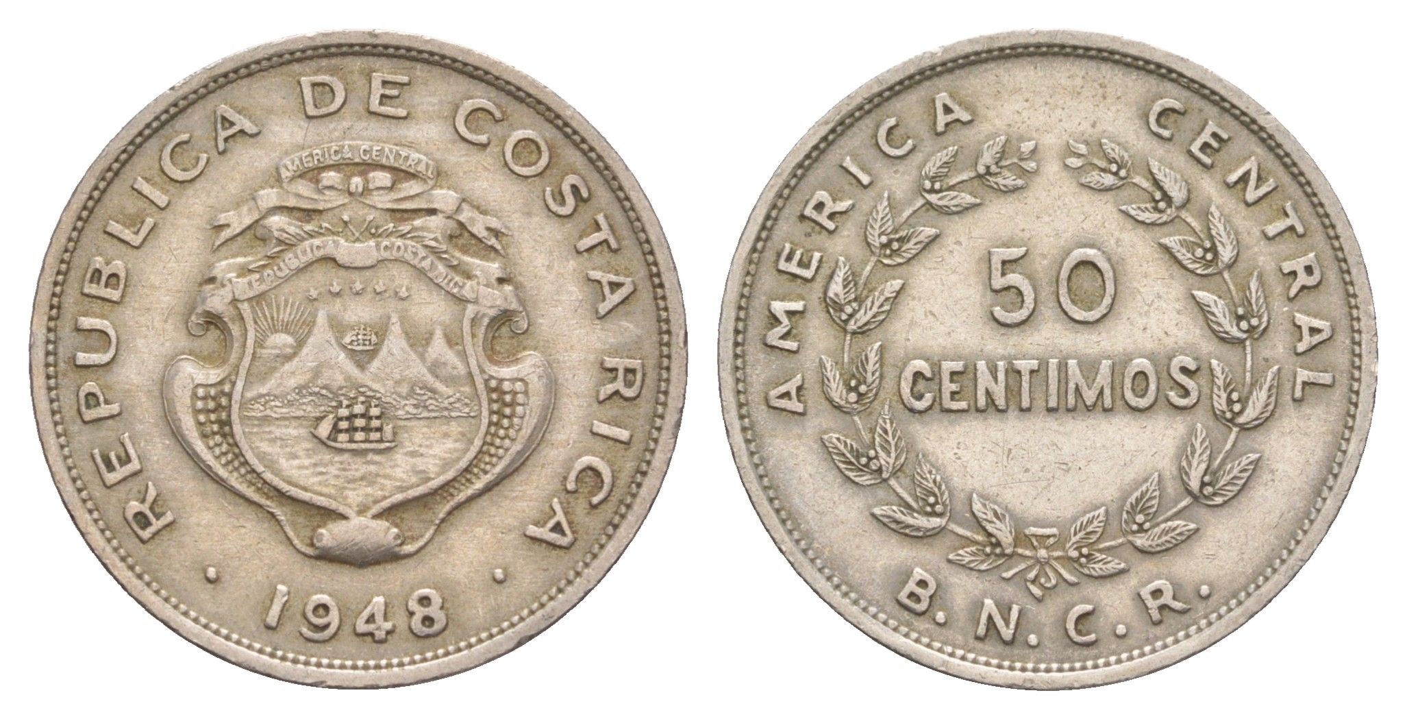 Коста-Рика 50 сентимо 1948 диаметр 26 мм, год-тип KM 182 медно-никель 4654-637