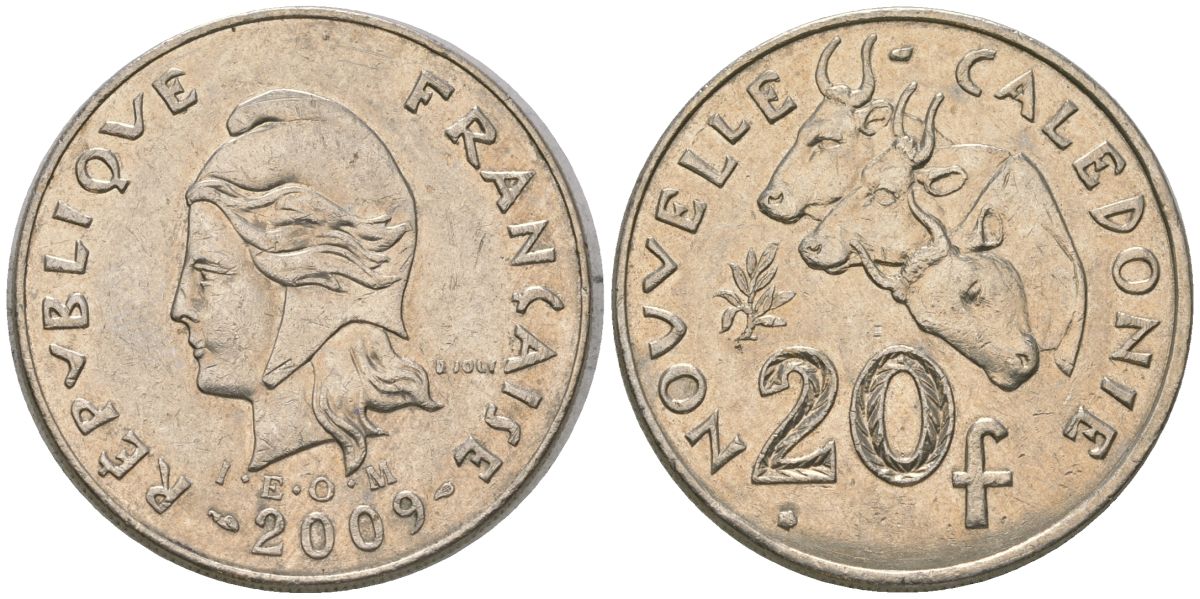 Французская Новая Каледония 20 франков 2009 три быка, (IEOM) KM 12a, Schoen 14a медно-никель 4131-1133