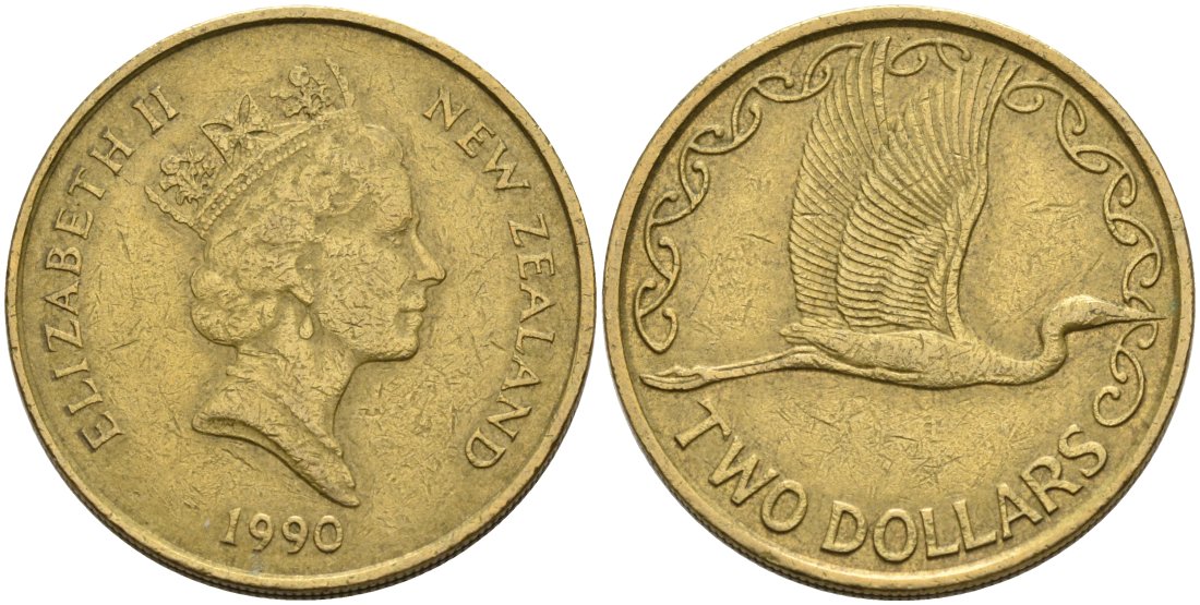 Новая Зеландия 2 доллара 1990 Елизавета II (1952-2022), большая белая цапля KM 79 алюминиевая бронза 81-414