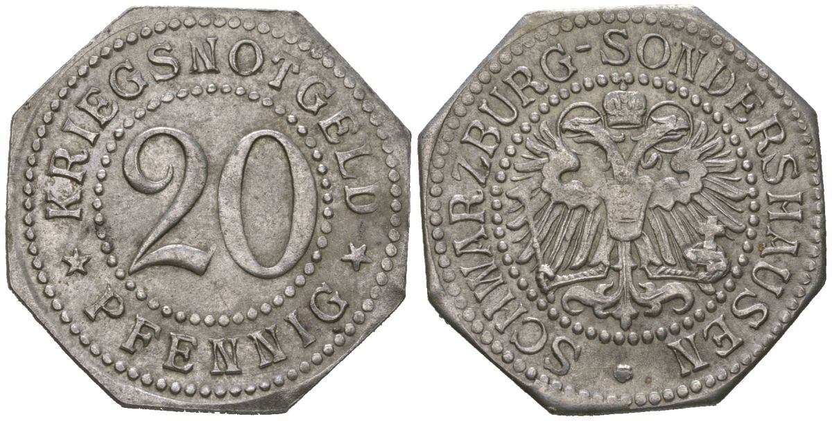 Шварцбург-Зондерсгаузен 20 пфеннингов 1918 Funck 489.2, Men05 23049.2, Men18 28863.2, Men05?23049.3, Men18?28863.3 железо 1515-321