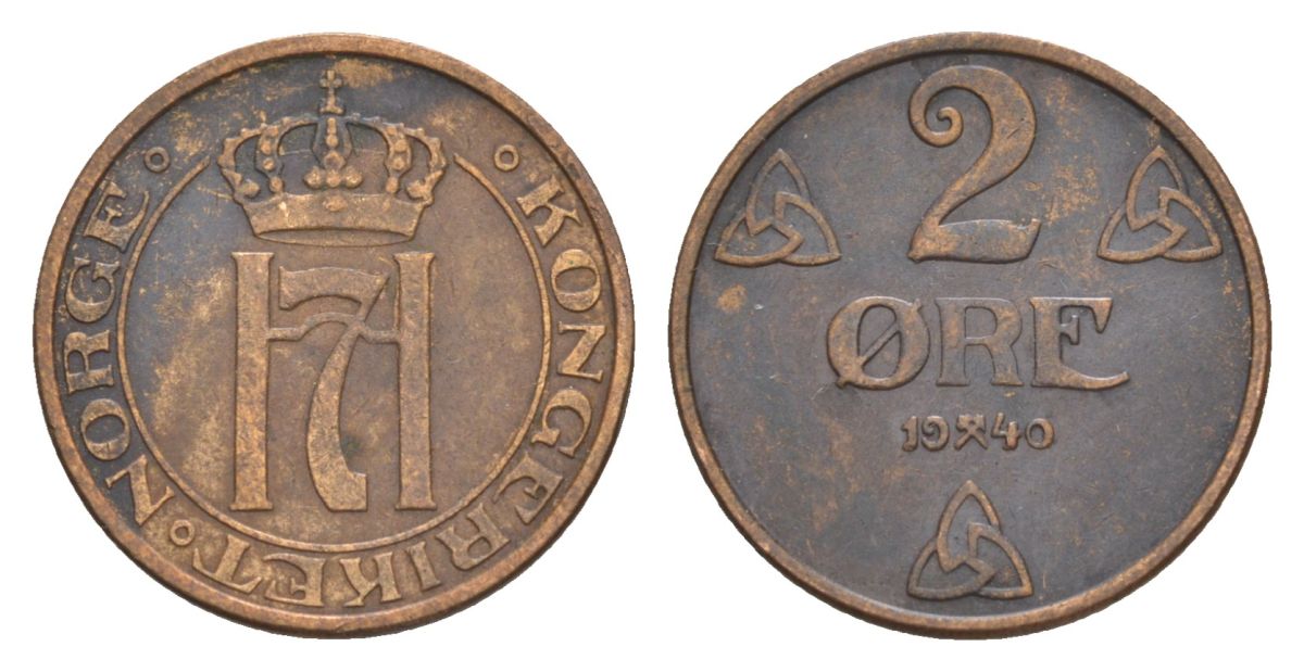 Норвегия 2 эре 1940 Хокон VII (1905-1957) KM 371 бронза 4635-312