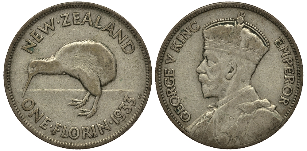 Новая Зеландия 1 флорин 1933 Георг V (1910-1936), птичка киви KM 4 серебро 272-1131