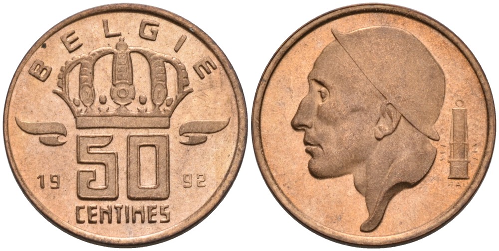 Бельгия 50 сантимов 1992 Belgie KM 149.1 бронза UNC 192-457