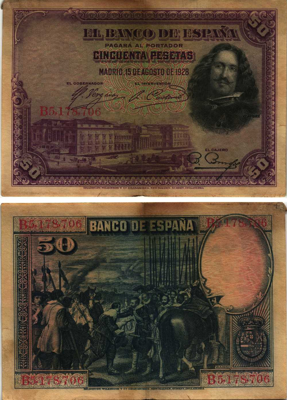 ИСПАНИЯ 50 ПЕСЕТ 1928 МАДРИД, 15 АВГУСТА 1928, МУЗЕЙ ПРАДО В МАДРИДЕ, ДИЕГО ВЕЛАСКЕС , СЕРИЯ В5178706 Pick 75b бумага 8609-29-1-1