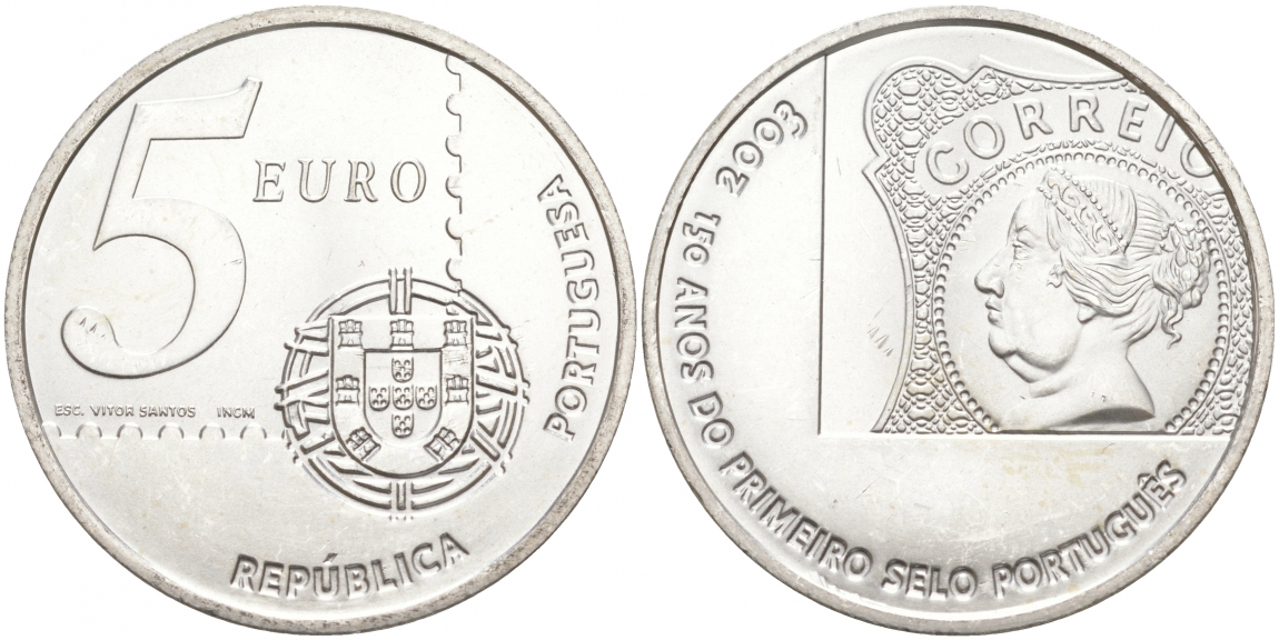 Португалия 5 евро 2003 150 летие первой Португальской марке KM 749 серебро UNC 69-316