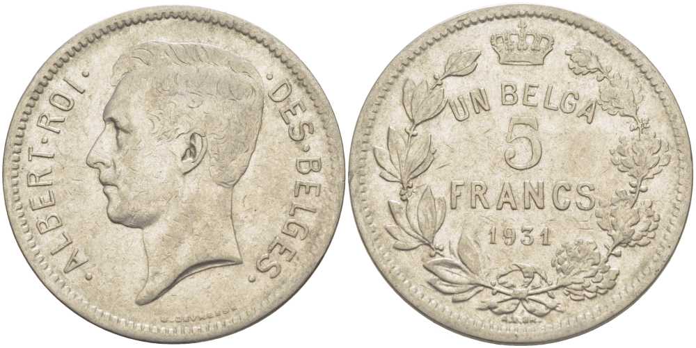 БЕЛЬГИЯ 5 ФРАНКОВ 1931 АЛЬБЕРТ I, DES BELGES KM 97.1 никель 3851-135