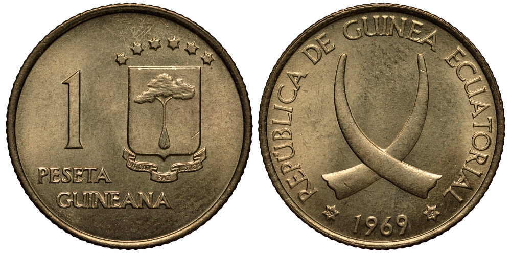 Экваториальная Гвинея 1 песета 1969 республика, диаметр 19,5 мм. KM 1 алюминиевая бронза UNC 4398-943