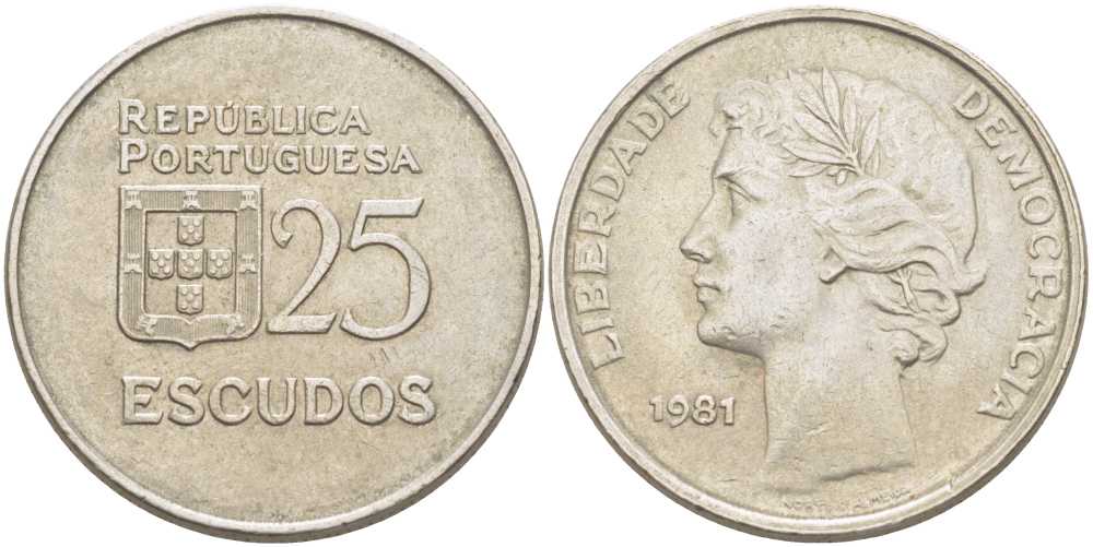 Португалия 25 эскудо 1981 KM 607а медно-никель 51-4223