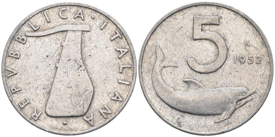ИТАЛИЯ 5 ЛИР 1952 R, РУЛЬ, ДЕЛЬФИН КМ 92 алюминий 4573-215
