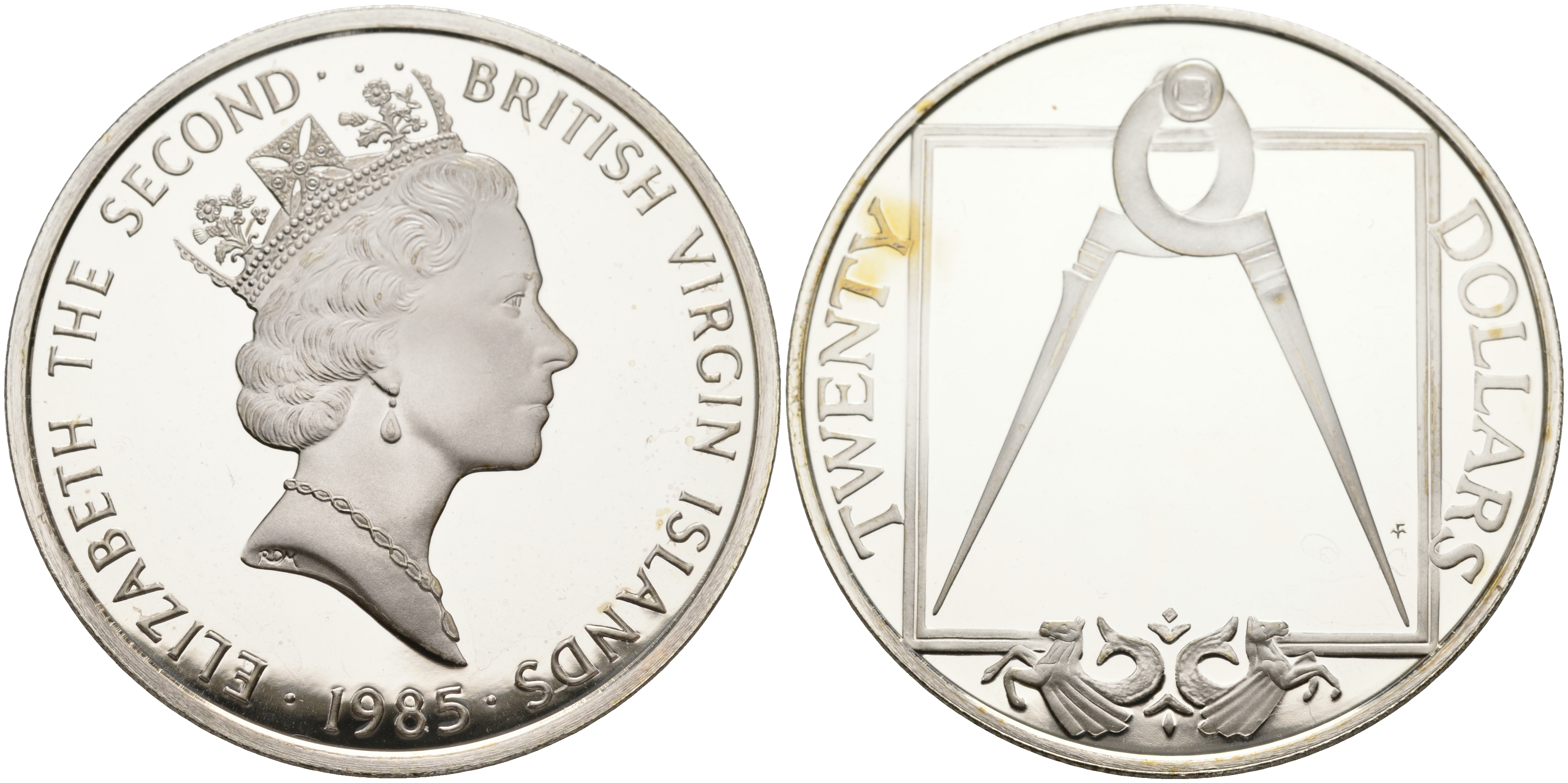 Британские Виргинские острова 20 долларов 1985 латунный циркуль KM 68 серебро  PROOF  1095-2-53