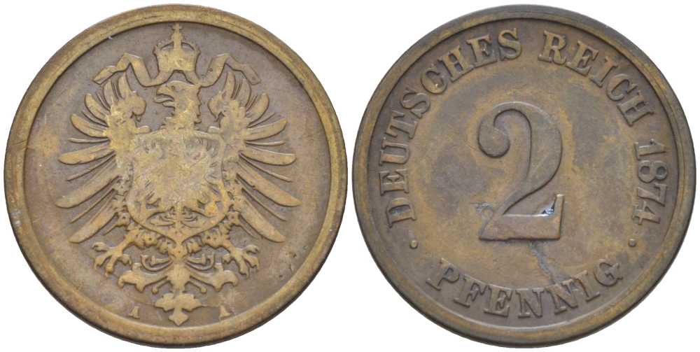 ГЕРМАНИЯ 2 ПФЕННИГА 1874 A, СТАРОГЕРБОВКА KM 2, J. 2, Weege 3 медь 212-441