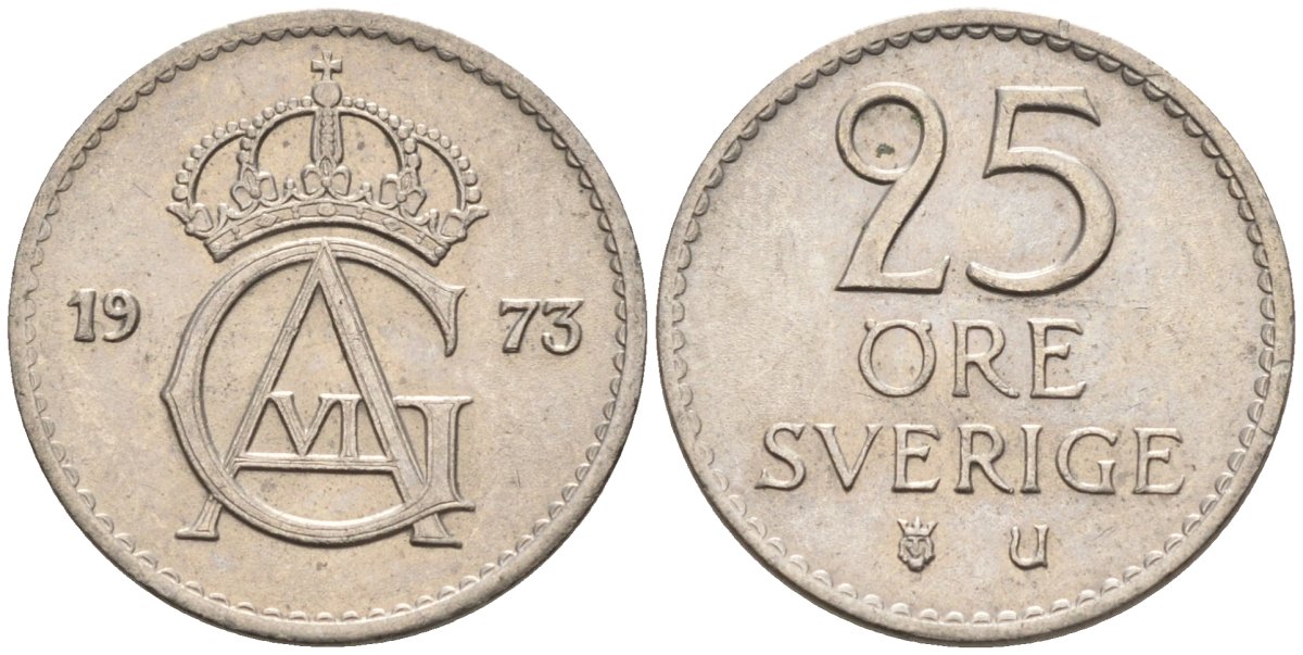 Швеция 25 эре 1973 Густав VI Адольф (1950-1973) KM 836 медно-никель UNC 4585-469