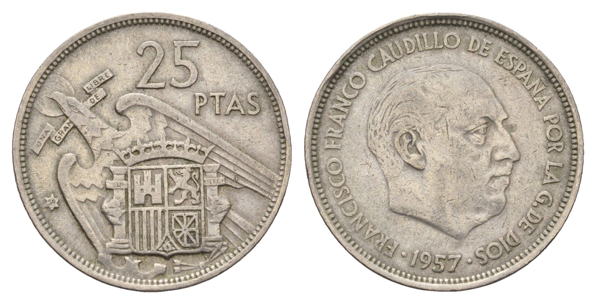 Испания 25 песет 1957 (58) Франсиско Франко (1939 - 1975) KM 787 медно-никель 4633-1044