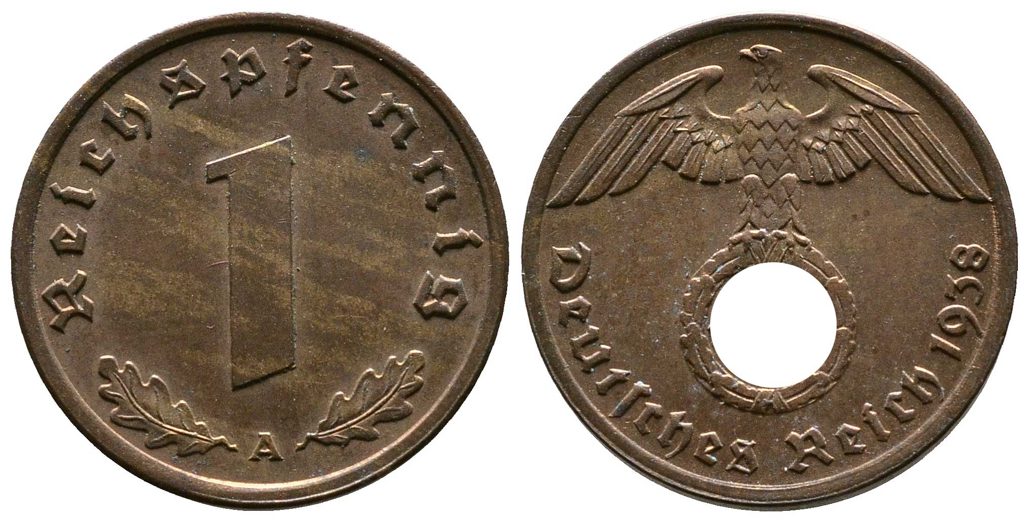 Германия 1 рейхспфенниг 1938 A KM 89, J. 361 бронза    220-257