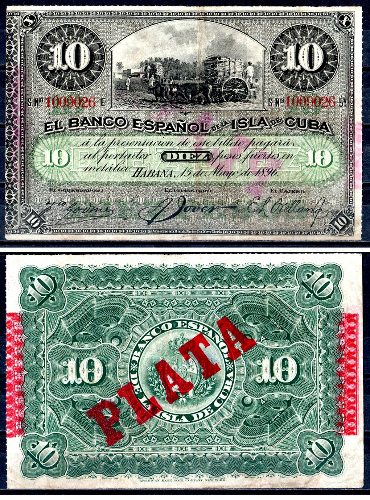 Куба 10 песо 1896 Испанская Администрация, надпечатка PLATA Pick 49 d бумага 402-66-1-1