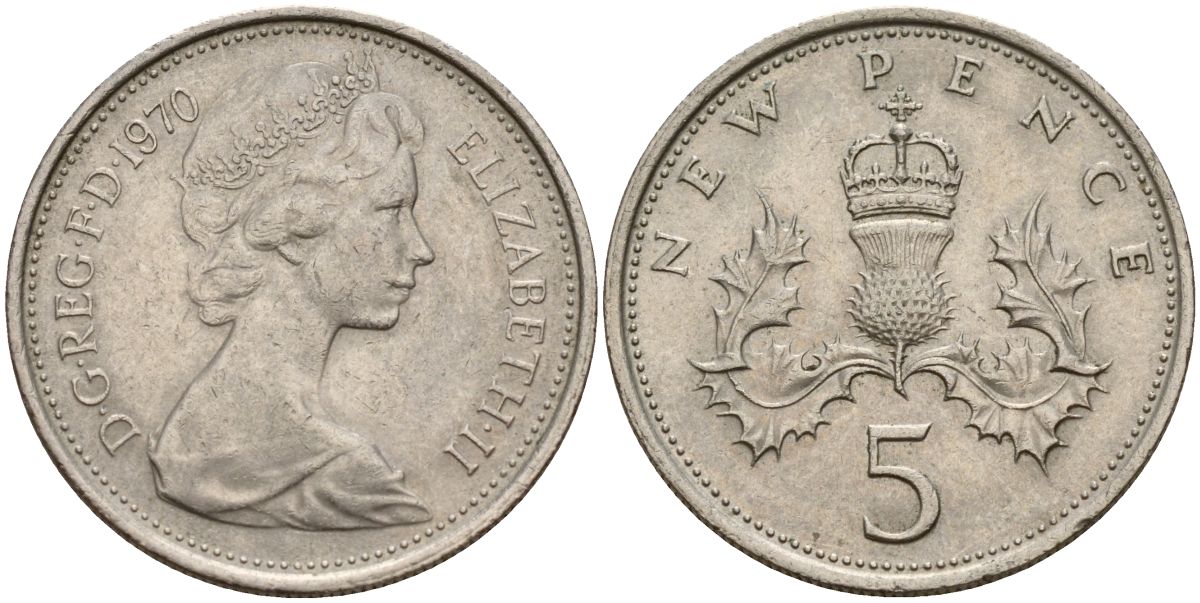 Великобритания 5 пенсов 1970 Елизавета II (1952-2022) KM 911, Spink 4233 (D1) медно-никель 4150-725