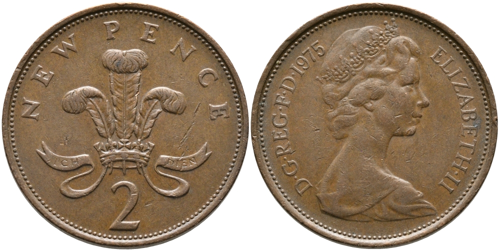 Великобритания 2 пенса 1975 Елизавета II (1952-2022) KM 916, Spink 4235 (C1) бронза 65-927