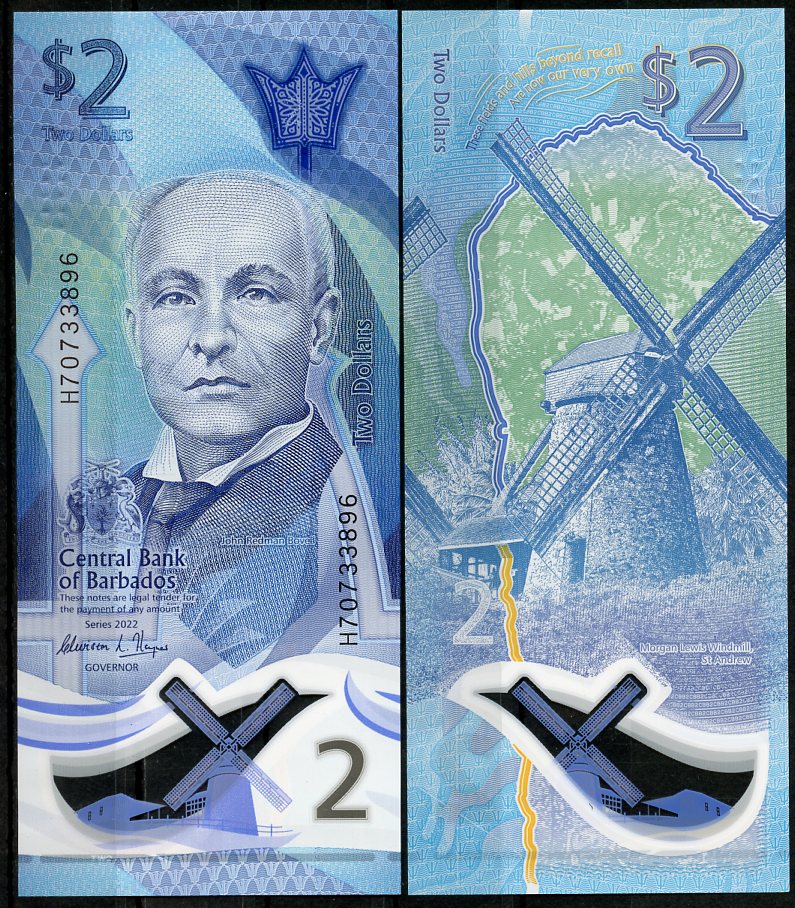 Барбадос 2 доллара 2022 Джон Редман Бовел, ветряная мельница Pick 80  пластик  UNC (пресс) 447-129-2