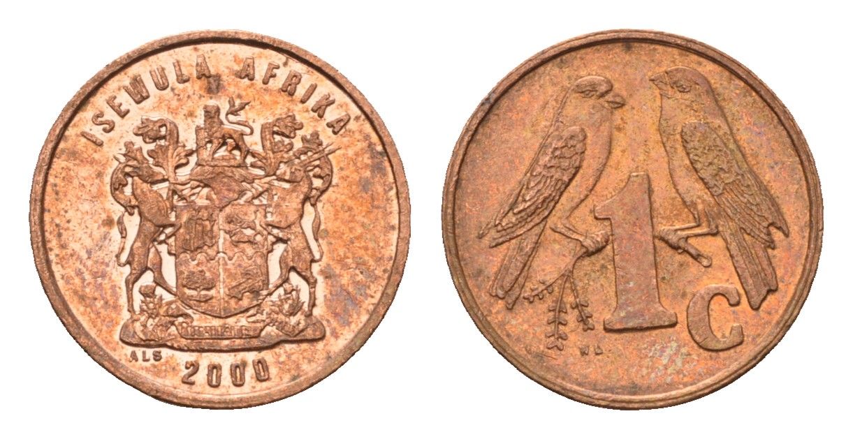 ЮАР 1 цент 2000 герб, капские воробьи KM 170 сталь плакированная медью UNC 4694-144