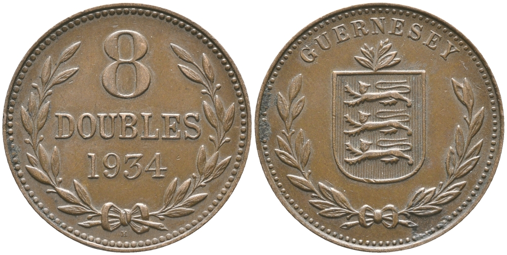 Гернси 8 даблов (дублей) 1934 Н KM 14 бронза 37-524
