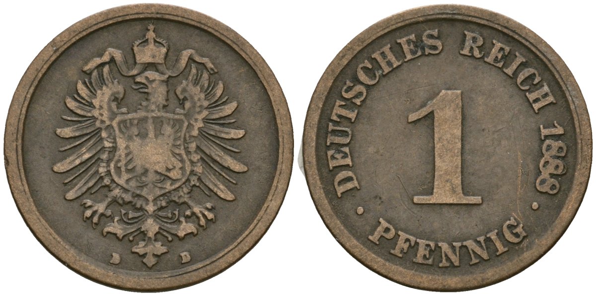 Германия 1 пфенниг 1888 D, Вильгельм I (1871-1888) KM 1, J. 1 медь 4387-225