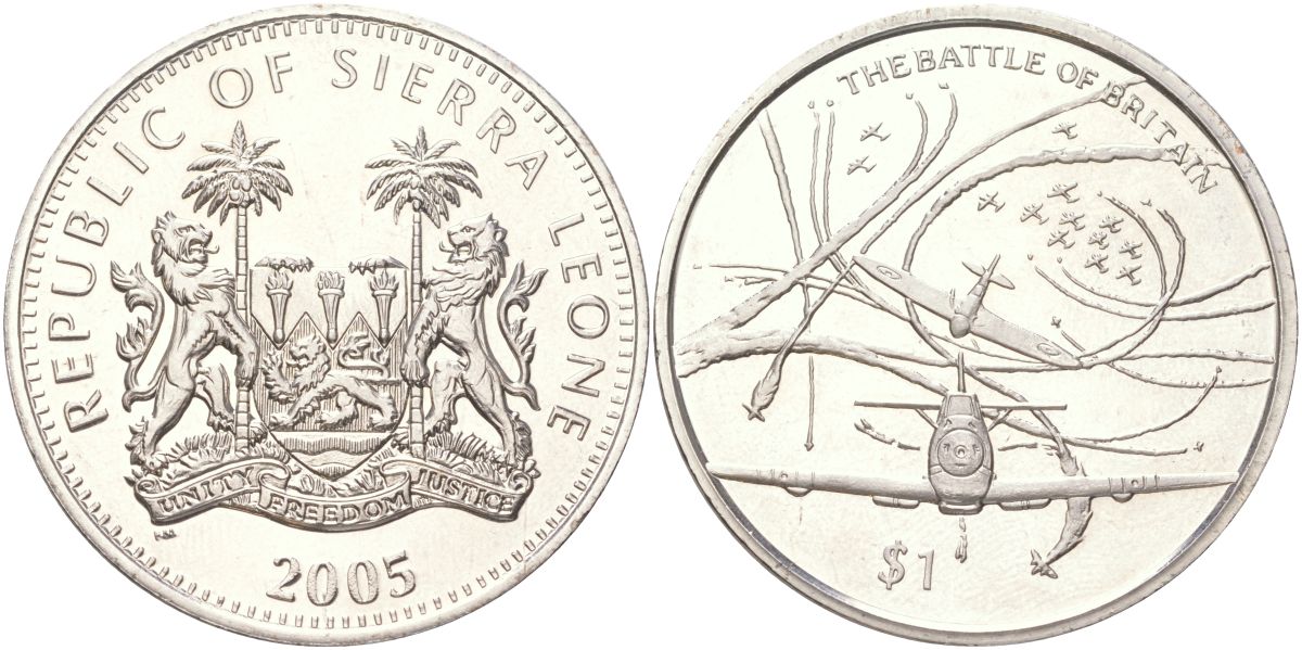 Сьерра-Леоне 1 доллар 2005 60 лет окончанию Второй мировой войны - Битва за Британию KM 315 медно-никель BU 4368-1234