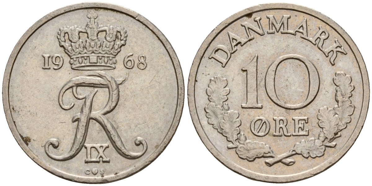 Дания 10 эре 1968 Фредерик IX (1947-1972) KM 849 медно-никель 4189-929